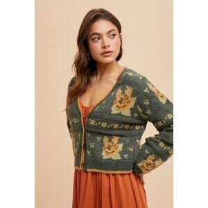In Loom Cottage Green Size Small Floral Jacquard Cardigan